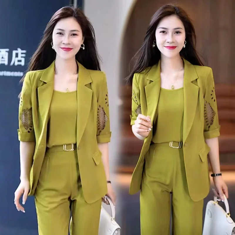 Professional Suit Three Piece Set 2024 New Fashionable Spring and Summer Slimming Temperament Haren Pants Women's Set