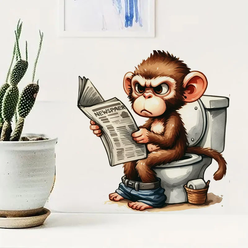 Cartoon Monkey Sitting on the Toilet Reading a Newspaper Sticker Toilet Lid Decal Apply for Wall Bathroom Cabinet Door etc