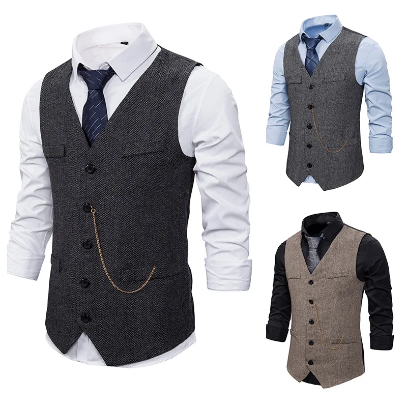 Men's Cheered Chain Single Button Vest Jaet Stand Fit Youthful Spring Faion Tailor's Vest European Sle Waistcoat
