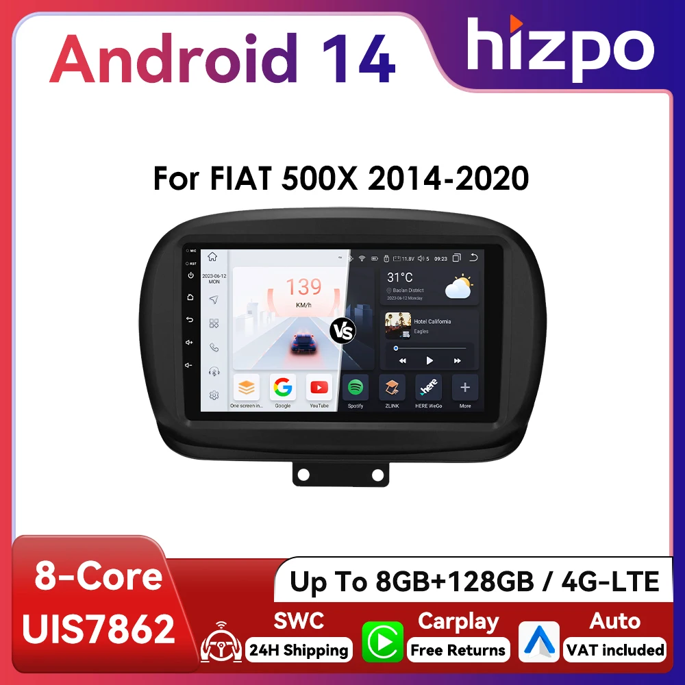 9" CarPlay Hizpo 2Din Android Auto Autoradio für Fiat 500X 2014 - 2020 Multimedia UI7862 Navigation GPS RDS DSP SWC 4G Bluetooth
