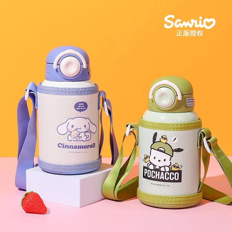 

Kawaii Sanrioed Pochacco Cinnamoroll Thermos Cup Portable Cloth Cover With Spring Cap Straw Cup 316 Stainless Steel Water Bottle