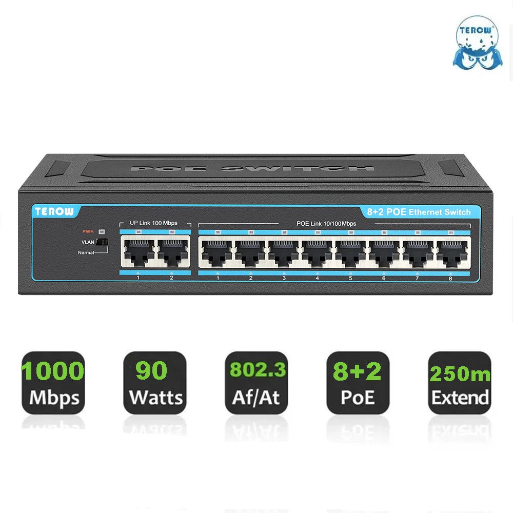 

POE Switch 10 Port 100Mbps TEROW Ethernet Smart Network Switch 8 PoE+2 UpLink IEEE802.3af/at 90W Built-in Power for IP Camera