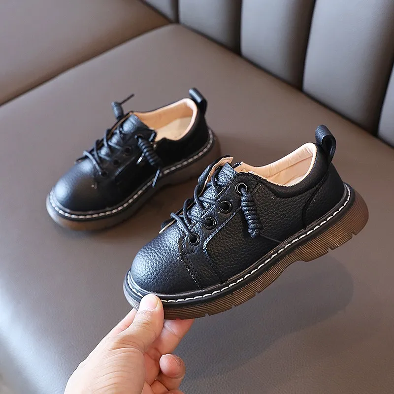 slippers for boy Children Leather Shoes White Black Soft Lace-up Anti-slippy Four Season 26-36 British Style Elegant Boys Girls Casual Shoe children's sandals near me