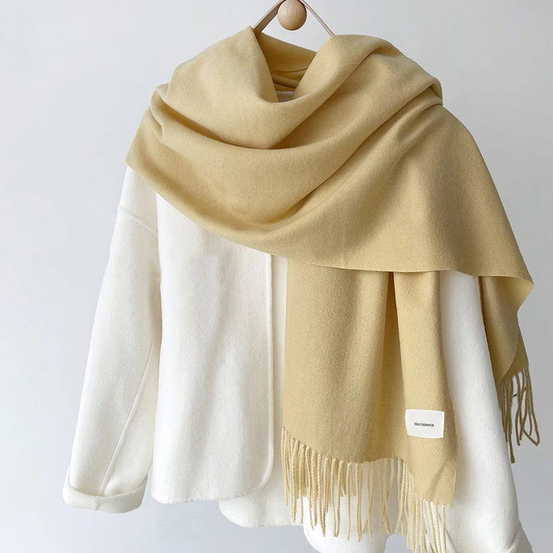 Luna&Dolphin Women Winter Solid Color Scarf Imitation Cashmere Soft Brown White Warm Knitted Woolen Ins Neck Pashmina Big Shawl 5