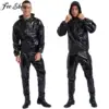 Mens Womens PVC Sauna Suit Long Sleeve Drawstring Hooded Jacket Tops+Pants Sets Unisex Cycling Running Workout Exercise Outfits