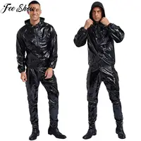 Mens Womens PVC Sauna Suit Long Sleeve Drawstring Hooded Jacket Tops+Pants Sets Unisex Cycling Running Workout Exercise Outfits