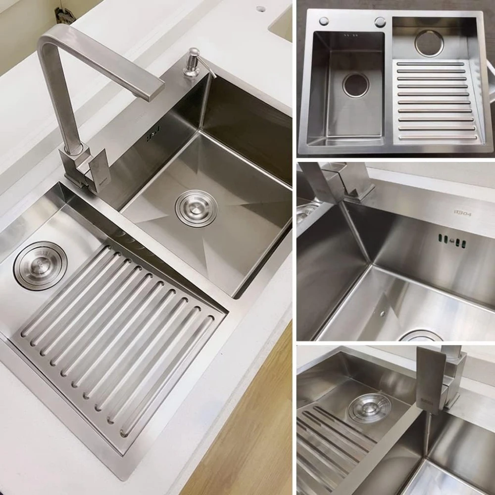 Kitchen sink, stainless steel kitchen sink with laundry board, faucet, easy to clean double bowl, 600mm/23.6in, Sink 3