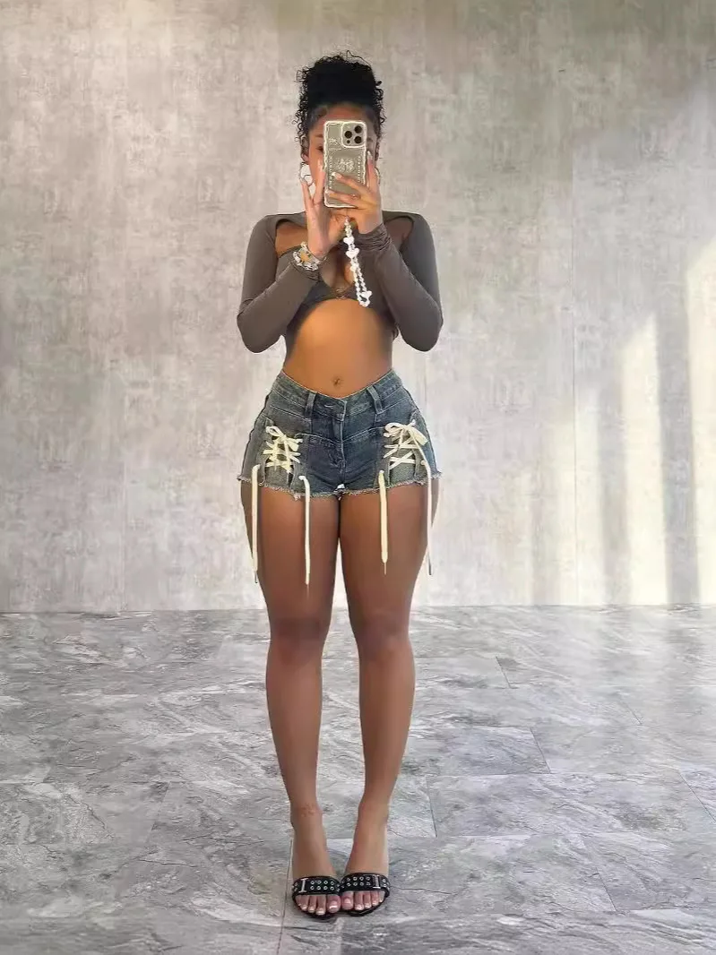 Summer chic women's Denim Shorts Bandage Elasticity High Waisted Button Lace Up Jean 2024 New Fashion Sexy Streetwear