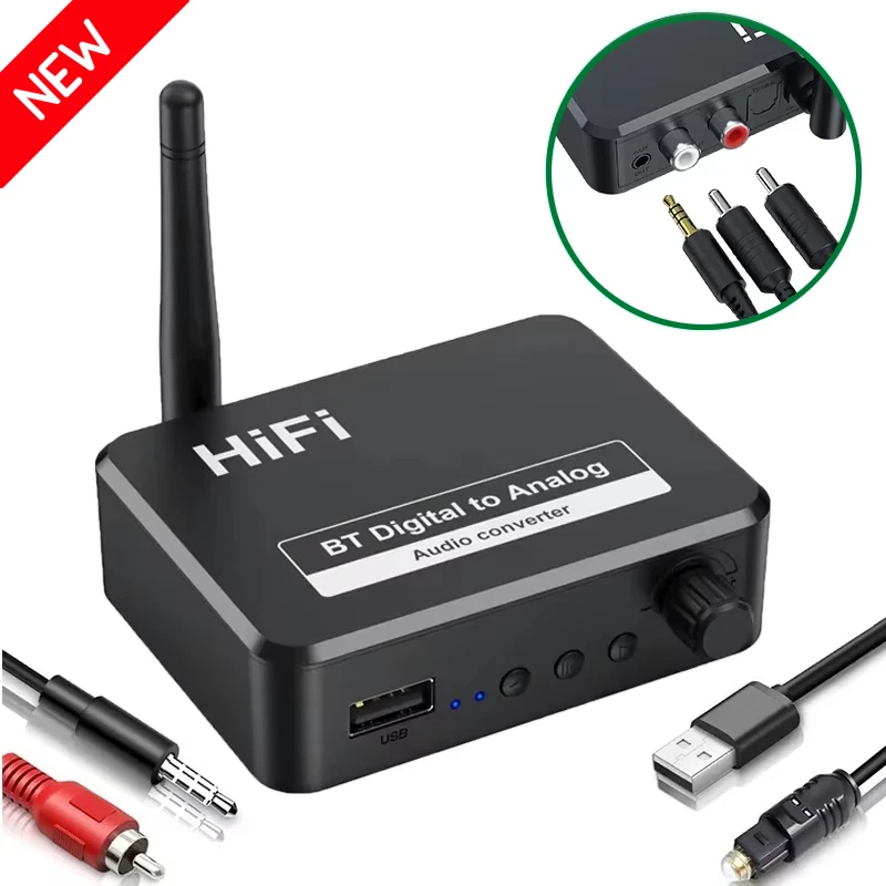 Digital to Analog Audio DAC Converter Adapter, Digital SPDIF Optical Toslink to 3.5mm 3.5 AUX Jack RCA L/R Bluetooth 5.1 Receiver, audio converter adapter