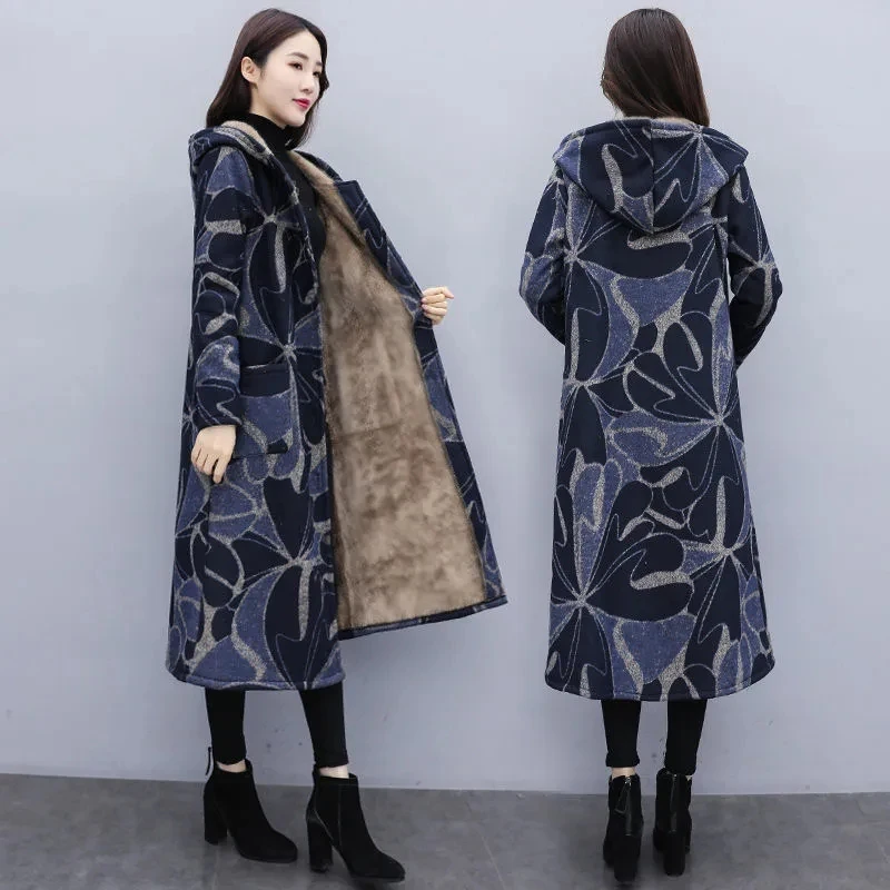 

Woolen Coats Womens 2022 Winter Loose Plus Size Middle-aged Mother Wear Warm wool Jackets Printed Hooded Trench Coats Women