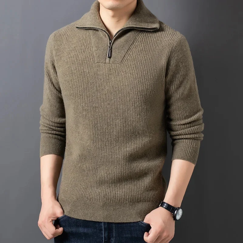 

Thickened Pure Wool Sweater Men's Winter Half Zipped Stand Collar Jacquard Trend Knitting Bottoming Shirt Men's Warm Sweater