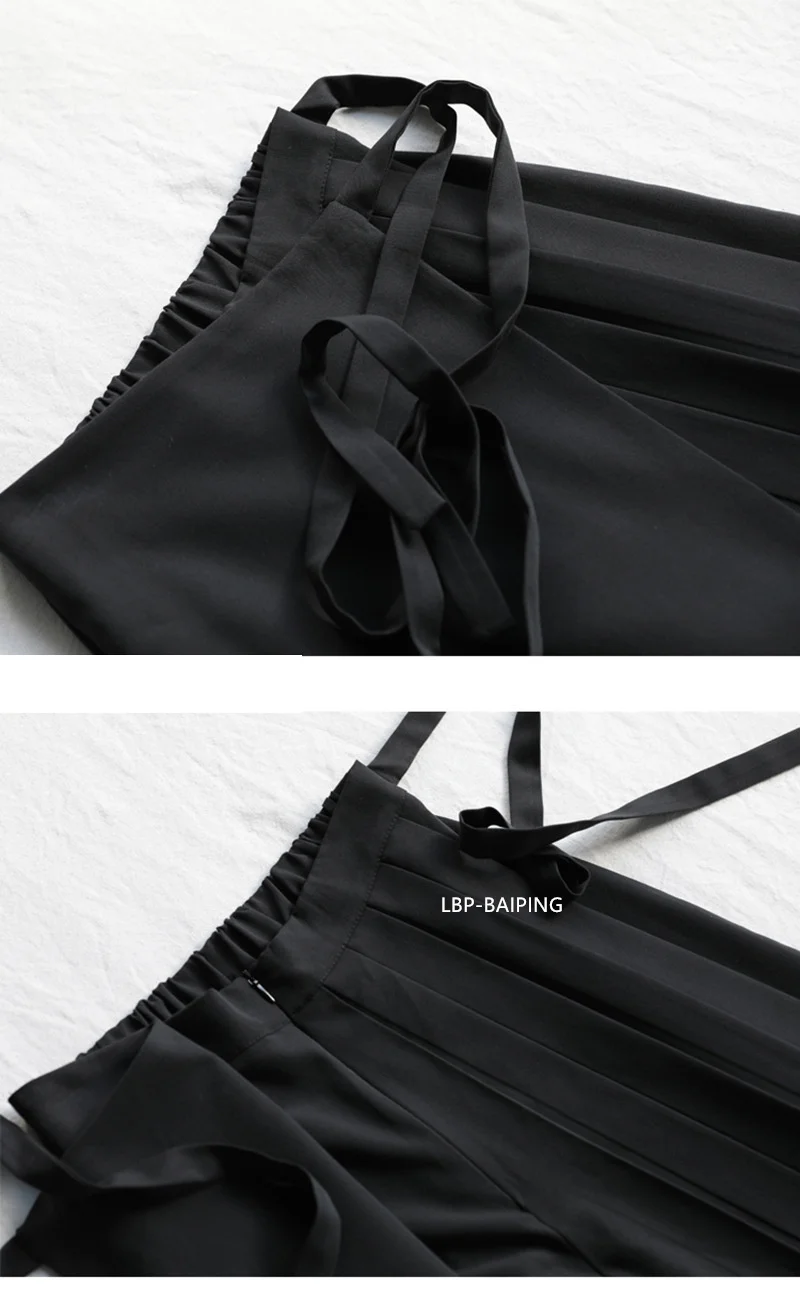 Autumn New 2026 Irregular False Two-piece Skirt Pants Women Black Wide-leg Pant Ladies Elastic Waist Straps Casual Pants Lady