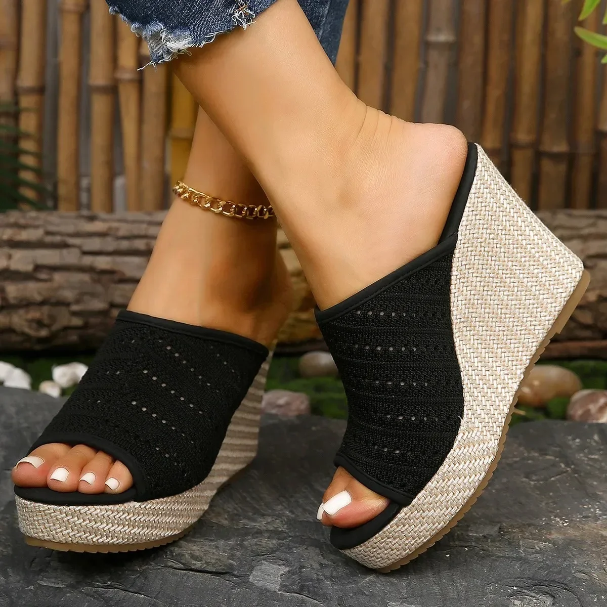 Women Slippers Fashion Wedge Platform Sandals Summer Peep Toe 10cm High Heeled Sandals for Women Mesh Breathable Casual Slippers