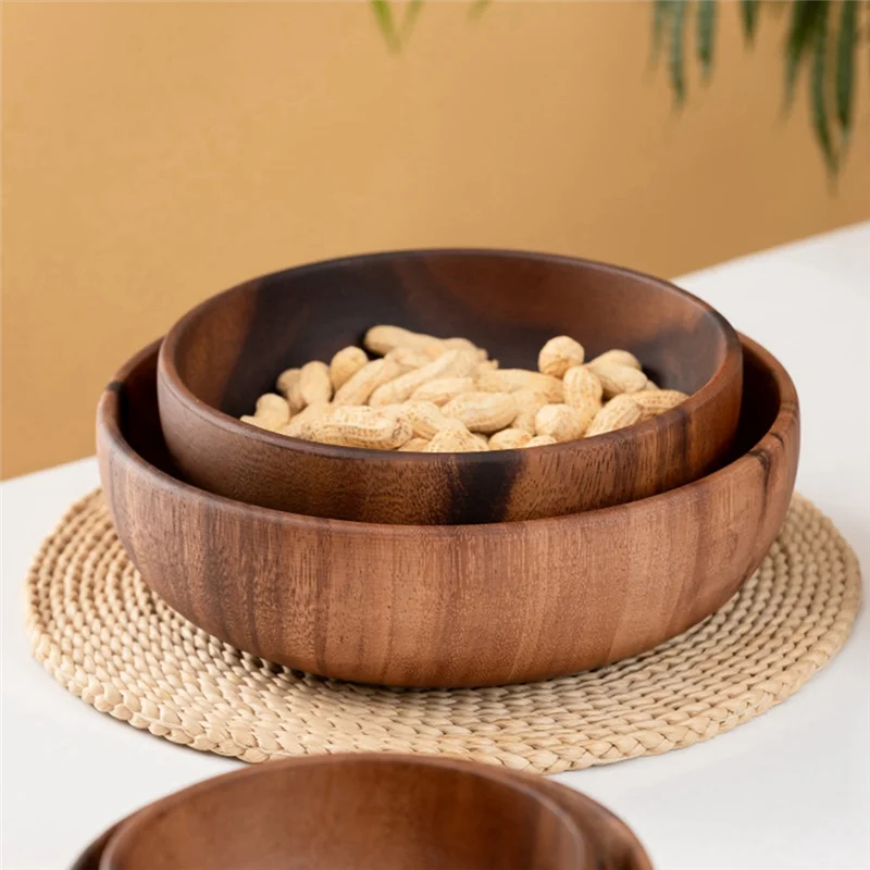 Wooden Salad Bowl Round Dessert Displays Serving Trays Fruit Food Salads Snack Soup Bowl For Home Coffee Shop