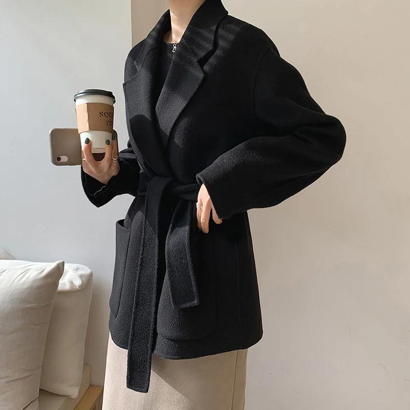 

Double sided cashmere coat women's short women's wear 2021 spring and autumn new pure handmade wool tweed coat women