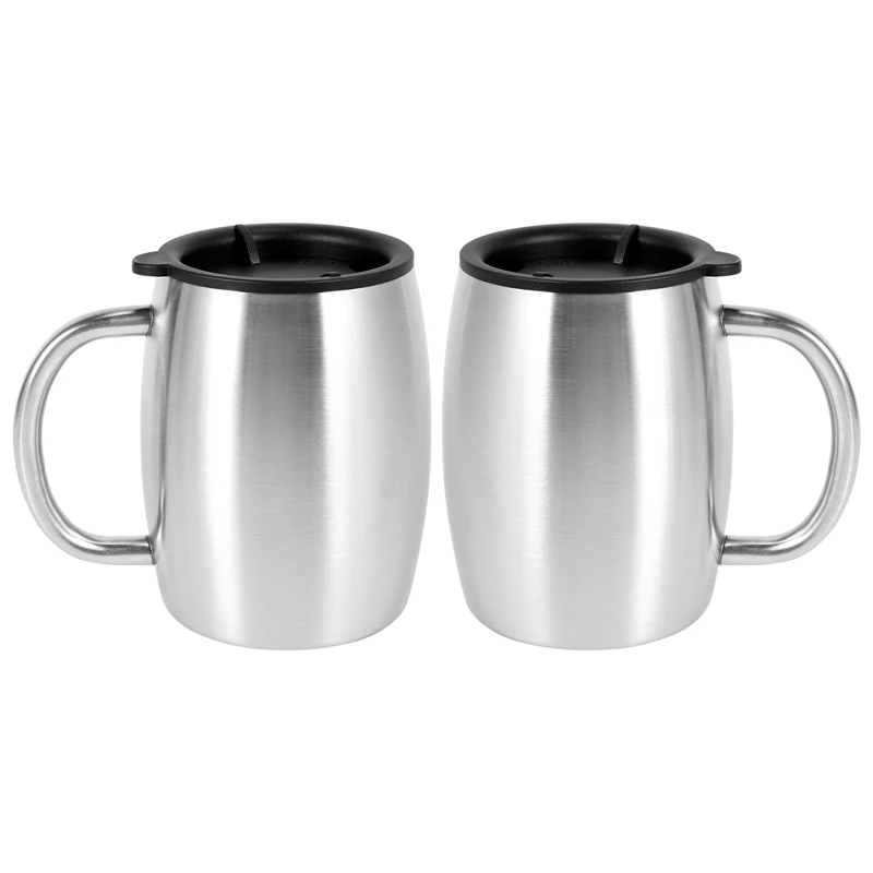 

420Ml Double-Layer Stainless Steel Beer Mug Double Walled Insulated Travel Mug Coffee Cup Coffee Mugs With Lids, 2 Set