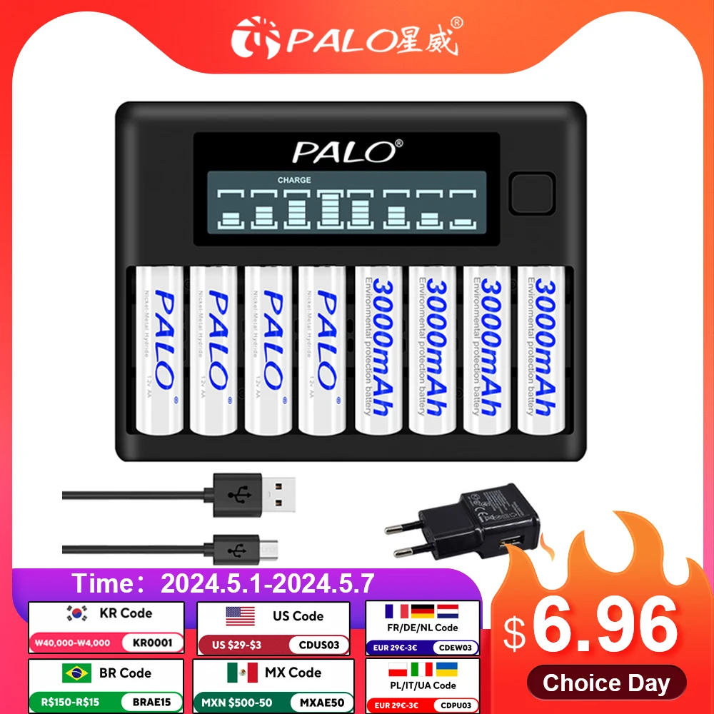 Умное быстрое зарядное устройство PALO с 4-8 слотами, интеллектуальное зарядное устройство с ЖК-дисплеем для 1,2 в AA AAA NiCd NiMh перезаряжаемых батарей