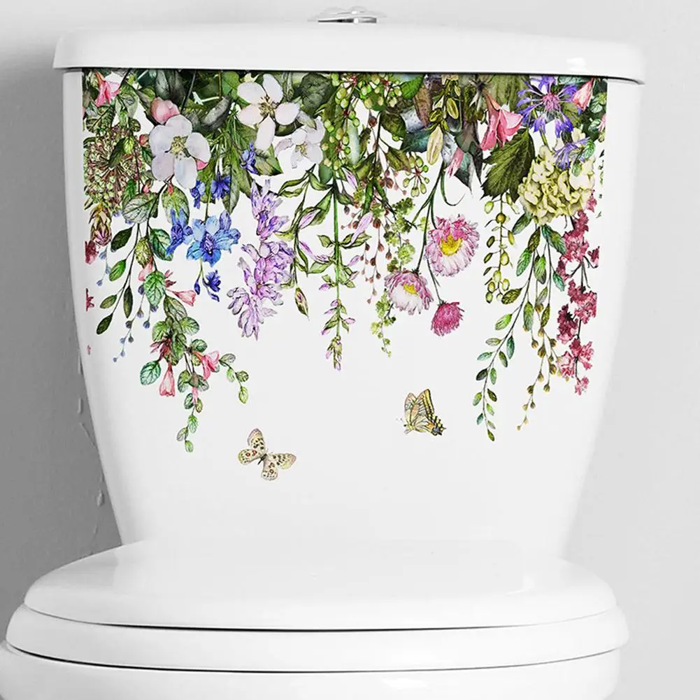 Toilet Stickers Green Plants Flower Leaves Butterfly Wall Sticker Bathroom Floral Self Adhesive PVC Mural Home Decoration Decals