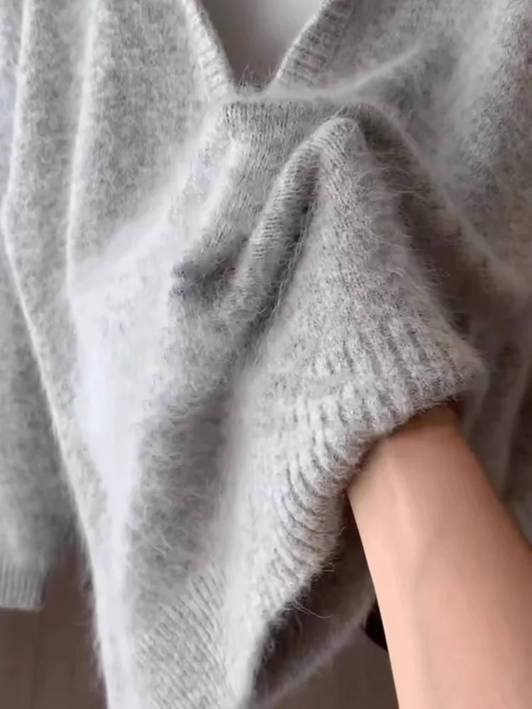 Advanced Gray Alpaca Wool Sweater Women'S Autumn And Winter Big Collar V-Neck Fluffy Loose Casual Top 5