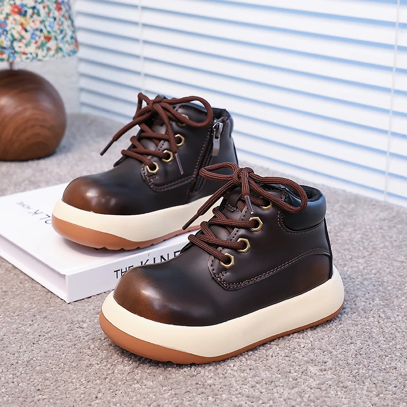 Leather Kids Ankle Boots Non Slip Thick Sole Autumn School Boots