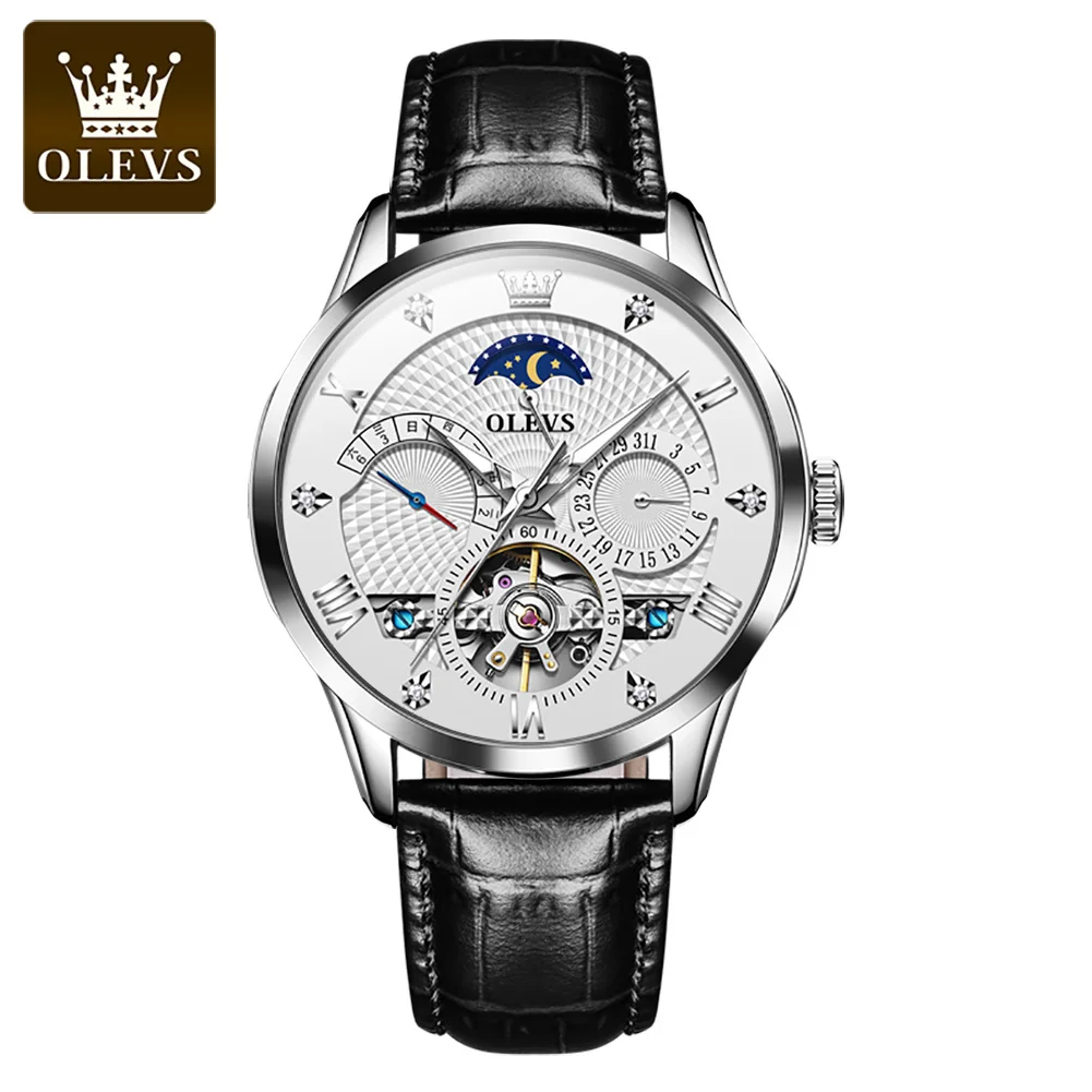 OLEVS New Top Brand Men's Automatic Mechanical Watches Waterproof Leather Strap Luxury Men Wristwatch Luminous Watch