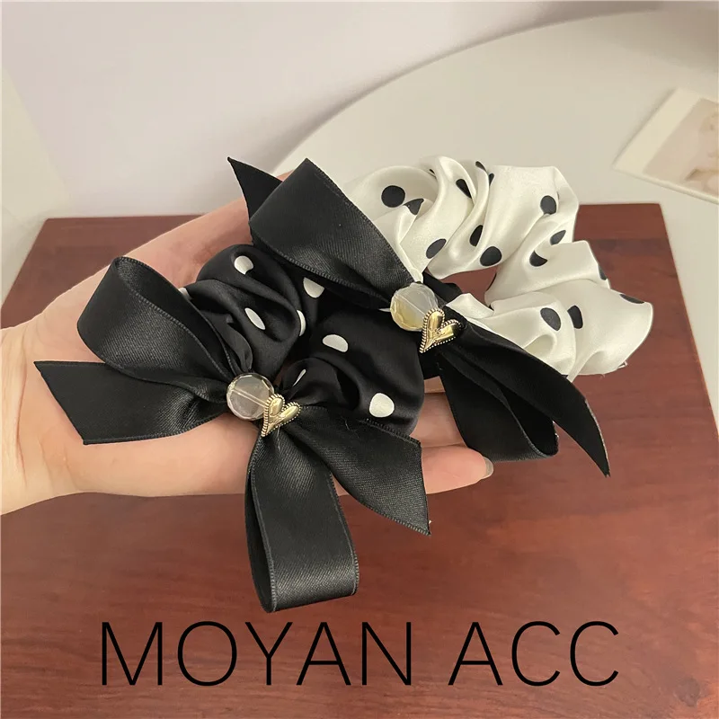 Heavy Industry Large Intestine Hair Ring Fashion Rhinestone Bow Hair Rope French Black and White Polka Dot Elegant Hepburn Style heavy duty bungee cord rope ties elastic bungee cord green bungee for tent