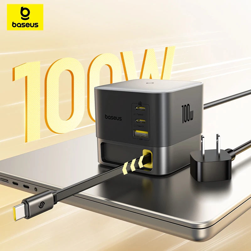 Baseus 100W Desktop Charger For Tablet Laptop Fast Charger Retractable USB C Phone Charger For iPhone 17 16 Samsung Macbook GaN