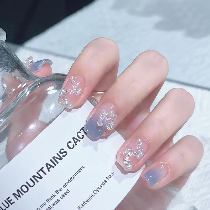 24PCS- Fake Nails Short Detachable Finished Fingernails Sparkling Butterflies Wearable False Nails press on Square Head Full Cov