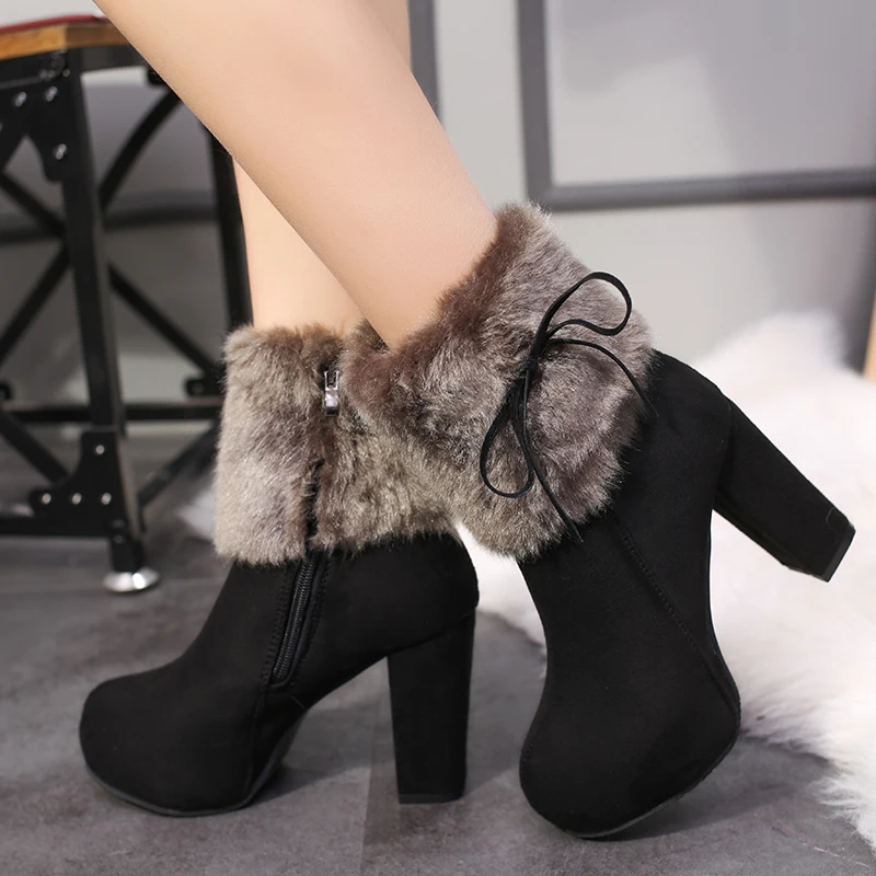 

Winter Thick-heeled Short Boots Female Furry Comfort Bow-knot Side Zipper High-heeled Warm Boots Large Size Female Cotton Boots