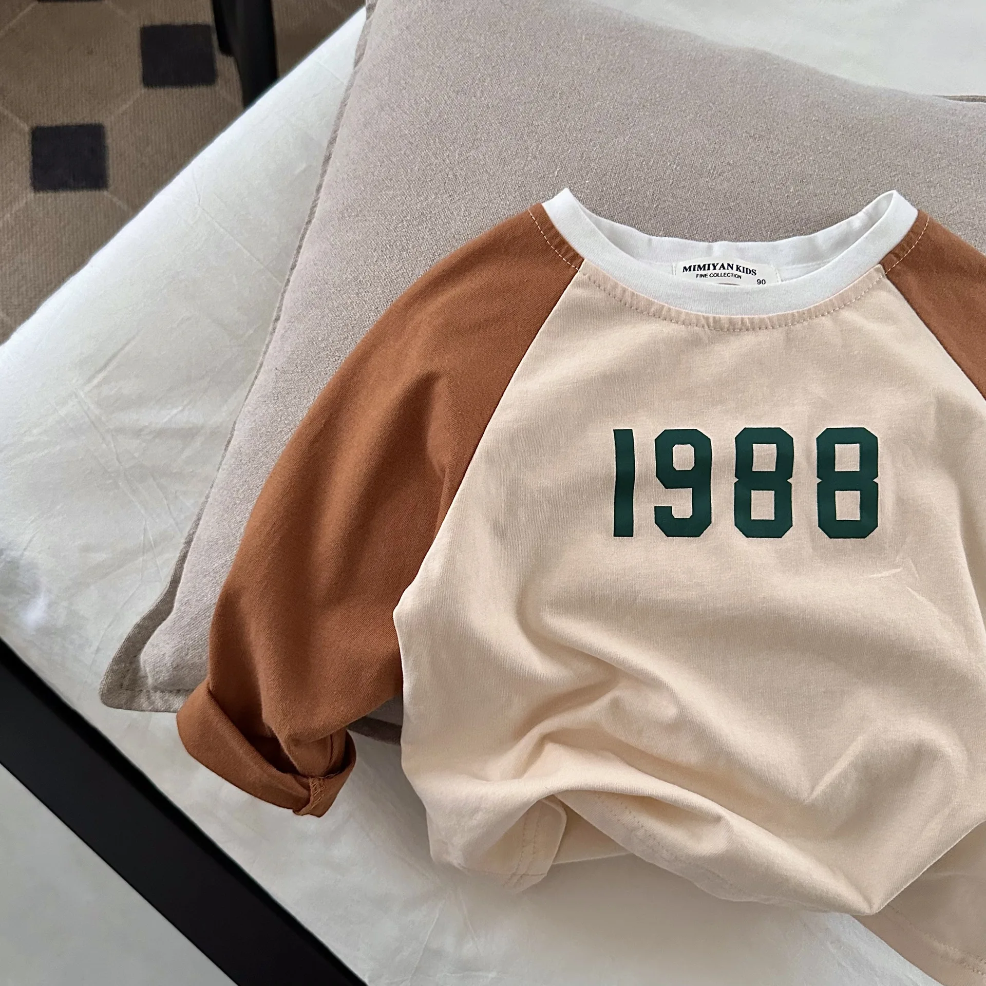 Children&s T-shirt 2023 Spring New Boys and Girls Contrast Color Digital T-shirt Baby round Neck Pullover Base