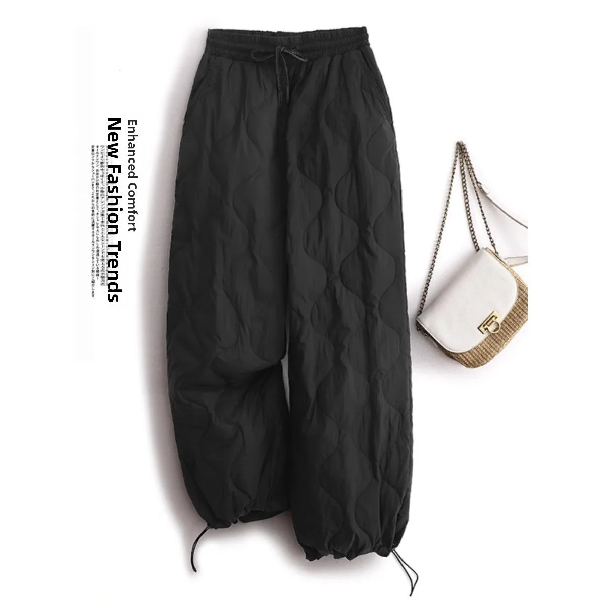 Women's Loose Fit Warmthly Cotton Trousers with Belt And Elastic Waist Rhombus Stitching Windproof Autumn Winter New Sle