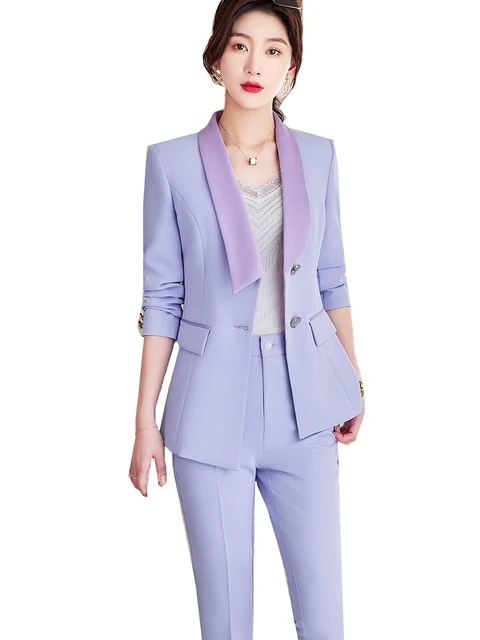 Женский брючный костюм из двух предметов, розовый или фиолетовый деловой костюм из блейзера и брюк, одежда для работы в офисе и на зиму 1