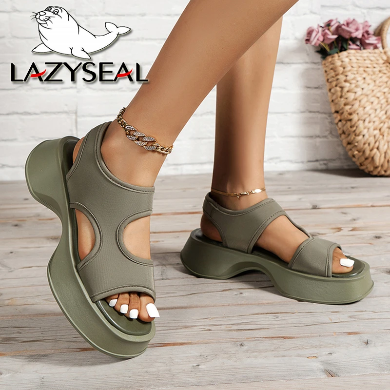 Lazyseal Women Platform Sandals Satin Fabric Materia Hook Loop Green Color Summer Beach Shoes