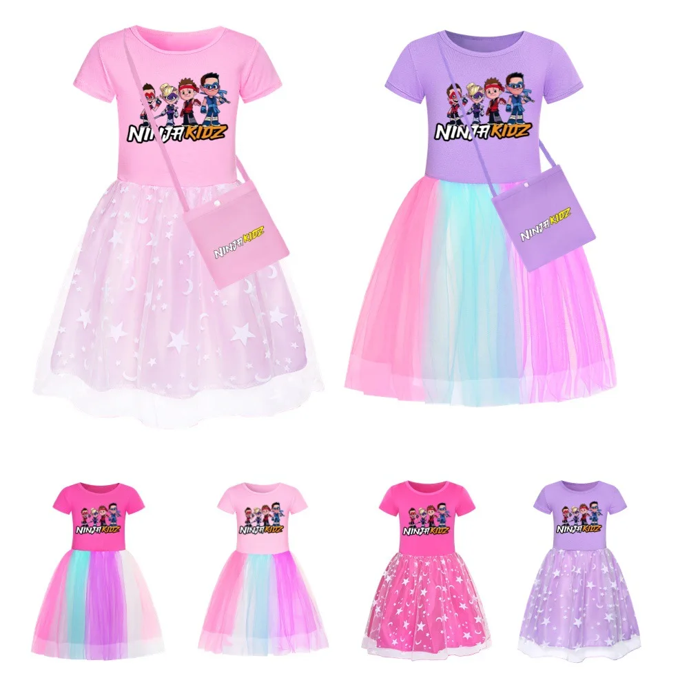 Ninja Kidz Kids Clothes Knee-Length Dresses+ Bag Cute Cotton Gauze Full Dress Teenagers Cartoon Baby Girls Party Clothing