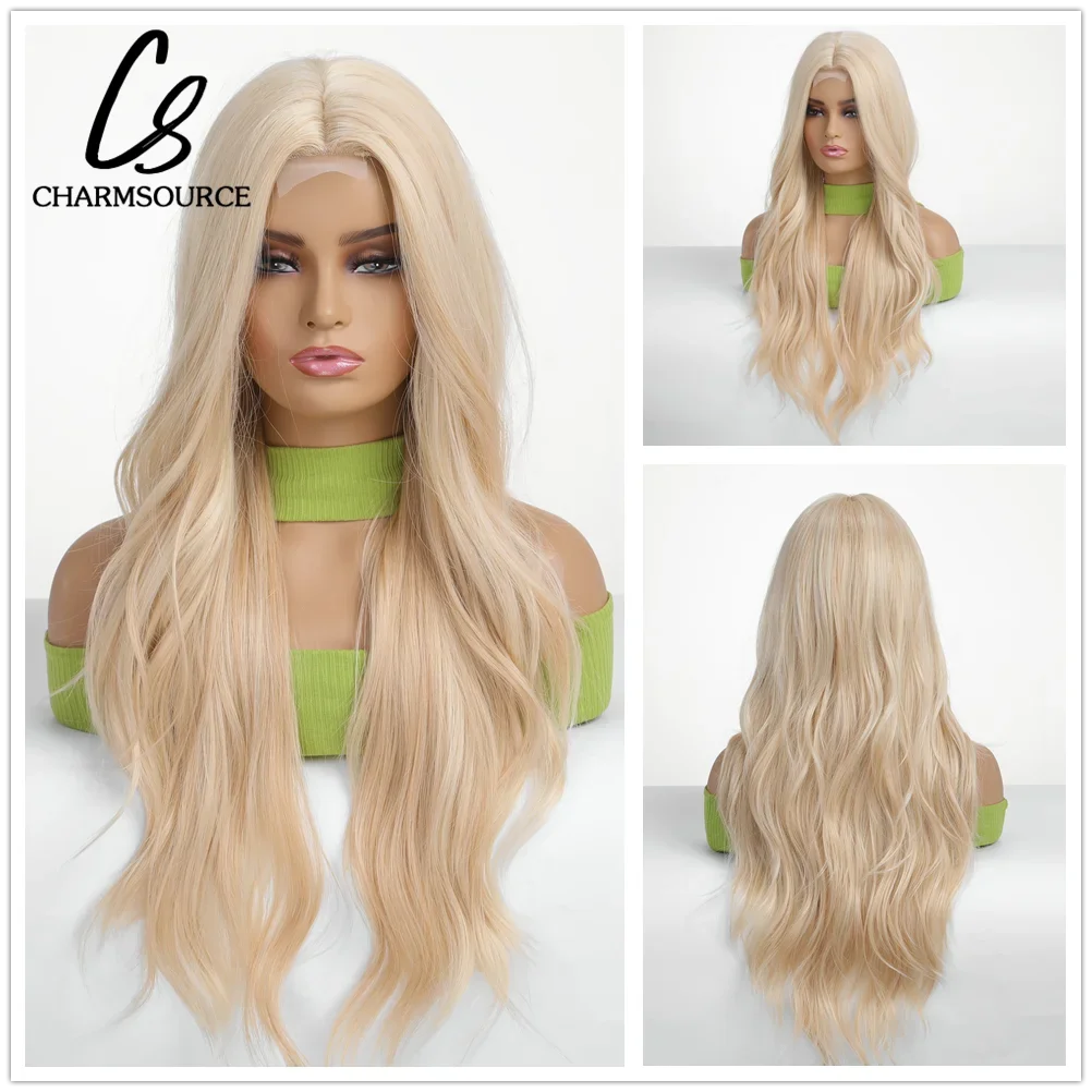 

CharmSource Lace Hairline Synthetic Wigs Golden Blonde Long Wavy Wigs Dark Root for Women Cosplay High Density Hair Wig