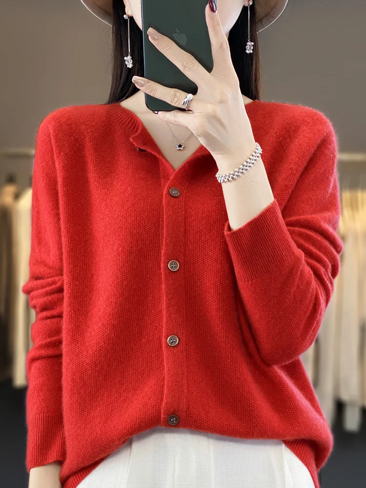 New Fashion Women Autumn Winter Cardigan 100% Merino Wool O-neck Solid Basic Long Sleeve Cashmere Knitted Sweater Female Clothes