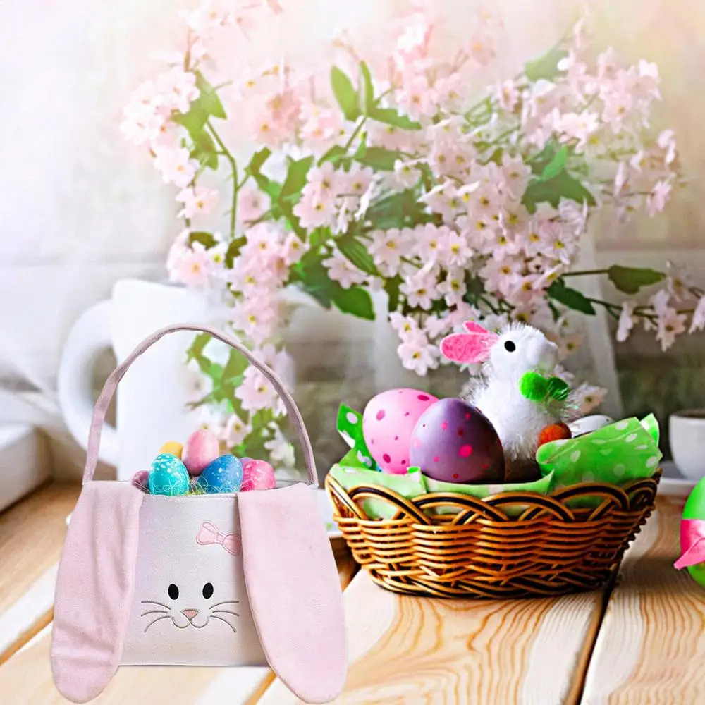Easter Bunny Basket Reusable Bags Treat With Handles Bunny Candy Basket Party Supplies Spring Hunts Container For Candy Hunting