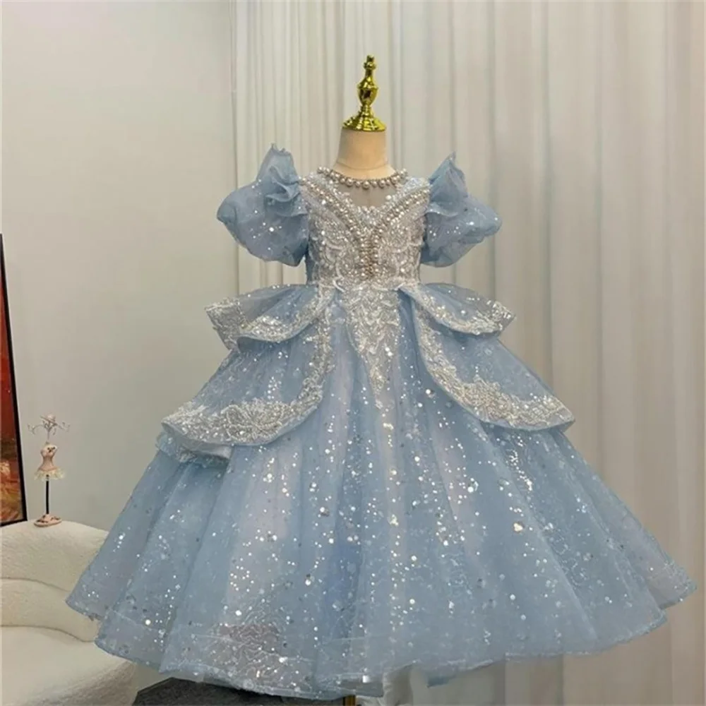 Children Girls Blue Evening Dress For Birthday Party Luxury Embroidery Beading Sequin Kids Princess Dresses Flower Girl Dress flower girl dresses,girls dresses