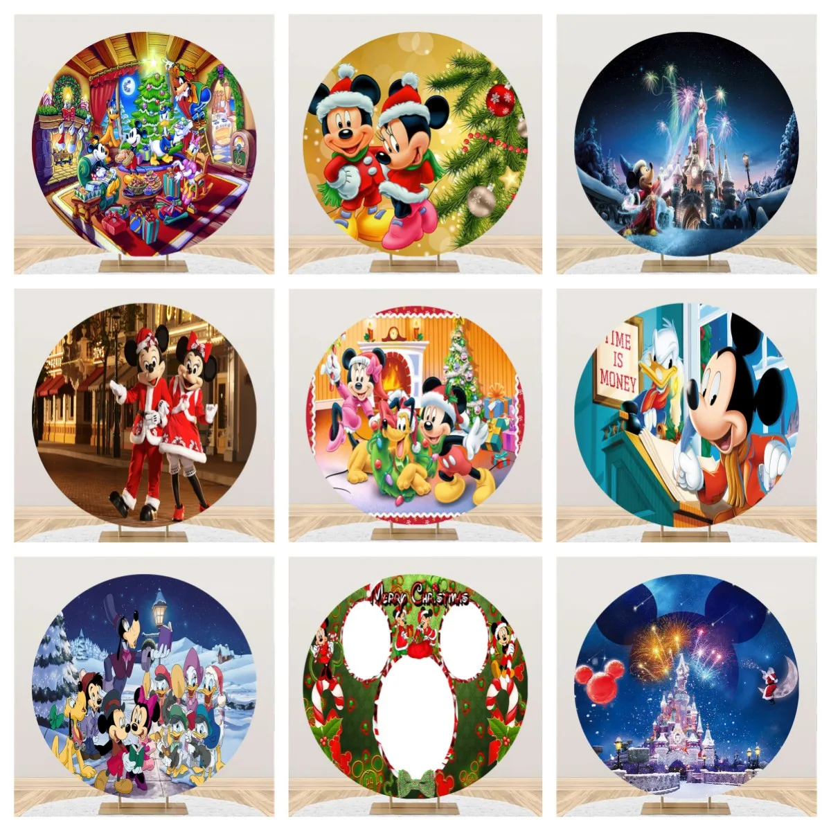 

Round Circle Photography Backdrop Winter Holiday Merry Christmas Minnie Mickey Cartoon Party Backdrop Baby Shower Background