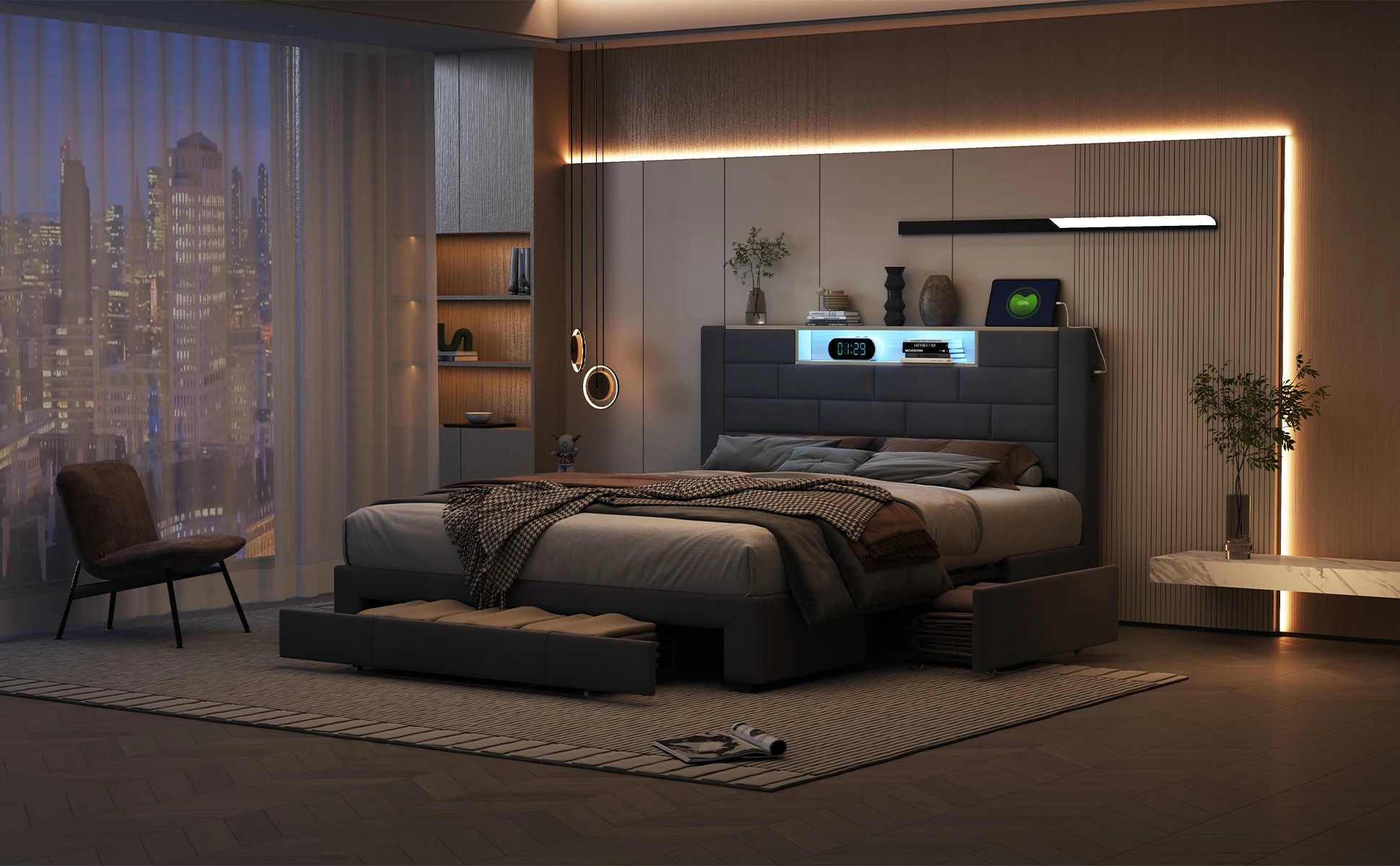Lazyspace Samt-Doppelbett mit 3 Schubladen, 140/160 x 200 cm, Kopfteil mit LED und Ladeanschluss, Lattenrost aus Holz – Detail 15