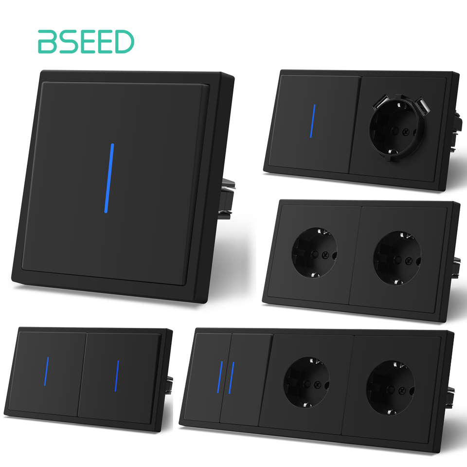 BSEED 16A Wall Power Sockets EU Large Button LED Indicator Wall Light Switches Dual USB Phone Charge Port 5V Black E-Series