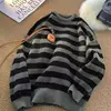 Men's Fashionable Stripe round Neck Sweater Autumn Winter Comfortable Loose Fit Sporty Style Long Sleeve Knitted Top