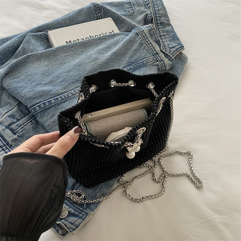 Portable Shiny Evening Banquet Bag Handbag Korean Style Drawstring Crossbody Bag Small Purse Mini Bucket Bag Women