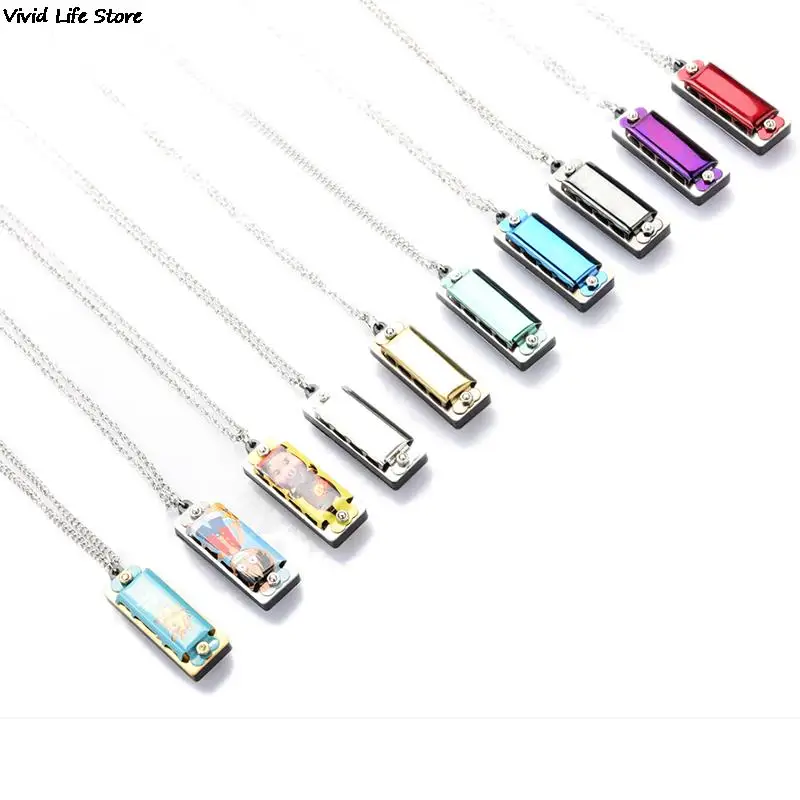 Mini 4 Hole 8 Tone Harmonica Metal Necklace Design Chain Toy Gift Color Random