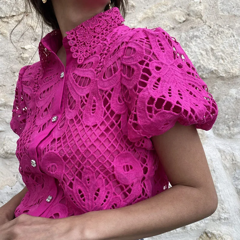 High Street Puff Short Sleeve Lace Blouse Top Office Fashion Hollow Shirt t Shirt Commute Women O Neck Solid Jacquard Pullover