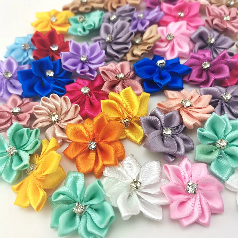 

(50pcs/pack) 25mm Colorful Inlaid Rhinestones Small Flower Mini Handmade DIY Satin Ribbon Flowers Scrapbooking Decoration