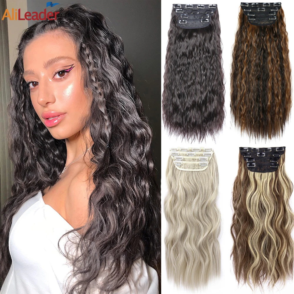 4pcs Clip in Corn Curl Wavy Hair Extensions, Human Hair Extensions 20 inch Long Water Pattern Wavy Hair Extensions Synthetic Clip on Hairpiece for