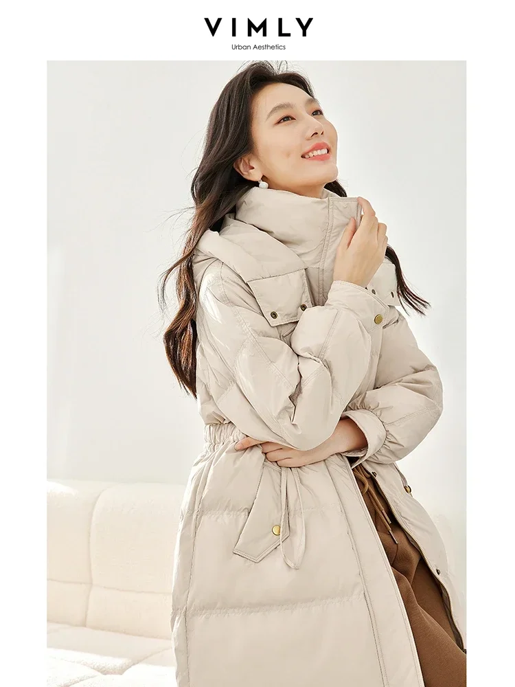 Vimly Black Hooded Zipper Duck Down Jackets 2023 Winter Stand Collar Windproof Thick Warm Long Sleeve Woman Coat Outerwear 50610