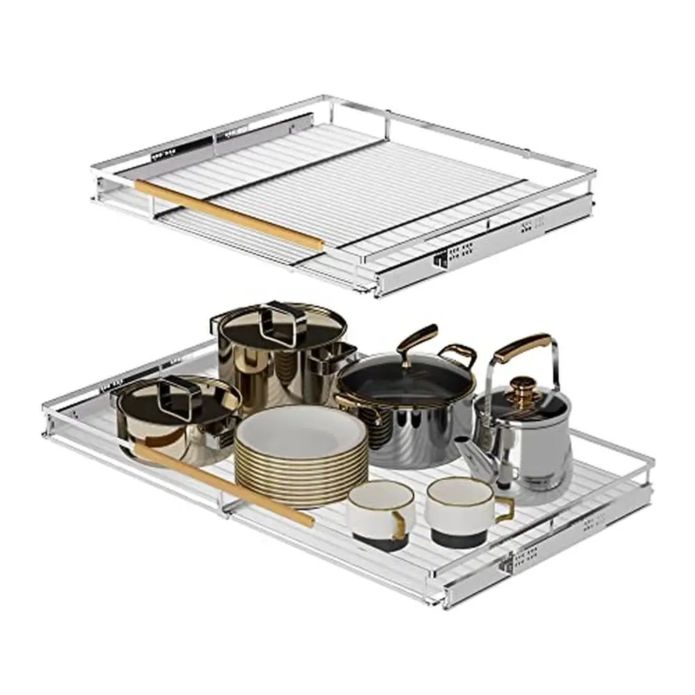 Expandable Stainless Steel Pull Out Drawer Organizer 2 Pack Sliding Shelf Kitchen Bathroom Office Durable Easy-to-Clean Storage
