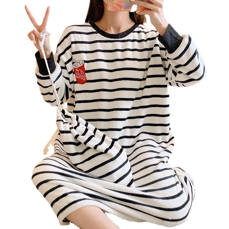 

Зимняя теплая тонкая фланелевая ночная рубашка, Милая Ночная рубашка для девочек, ночные рубашки для молодых женщин, ночнушка, рубашки для сна, юбки в полоску